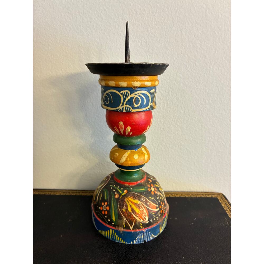 Vintage West Germany folk art candlestick holder, Bauernmalerei style